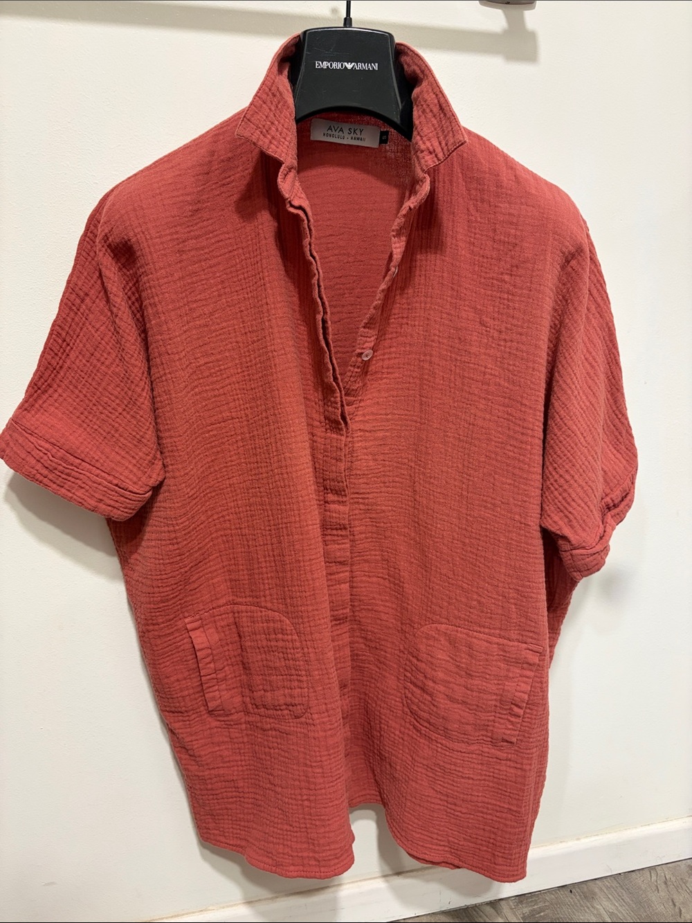 Ava Sky Short-Sleeve Button Front Blouse in Terracotta